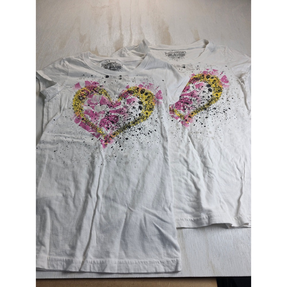 TWO Rocker Girl Heart Graphic T-Shirts Bundle White Pink Y2K Grunge Kids M L